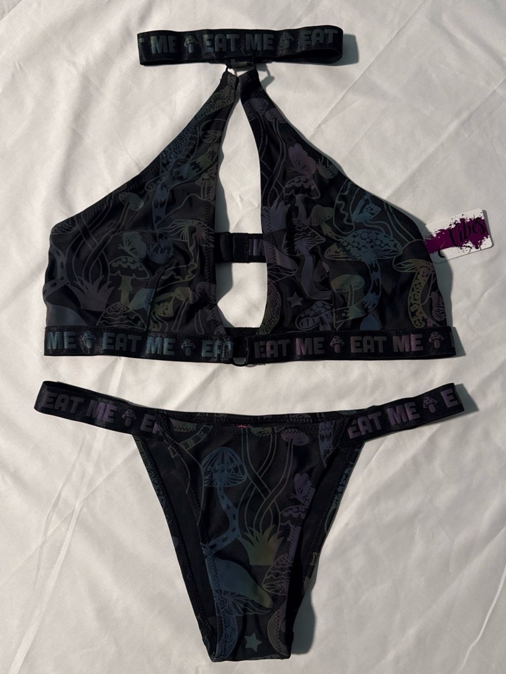 Eat Me Black Holographic Halter Bikini Set